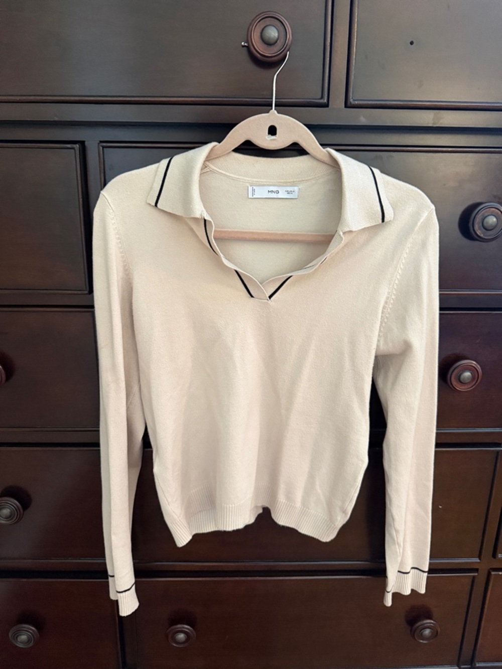 Mango Beige Polo-Style Knit Sweater with Black Trim